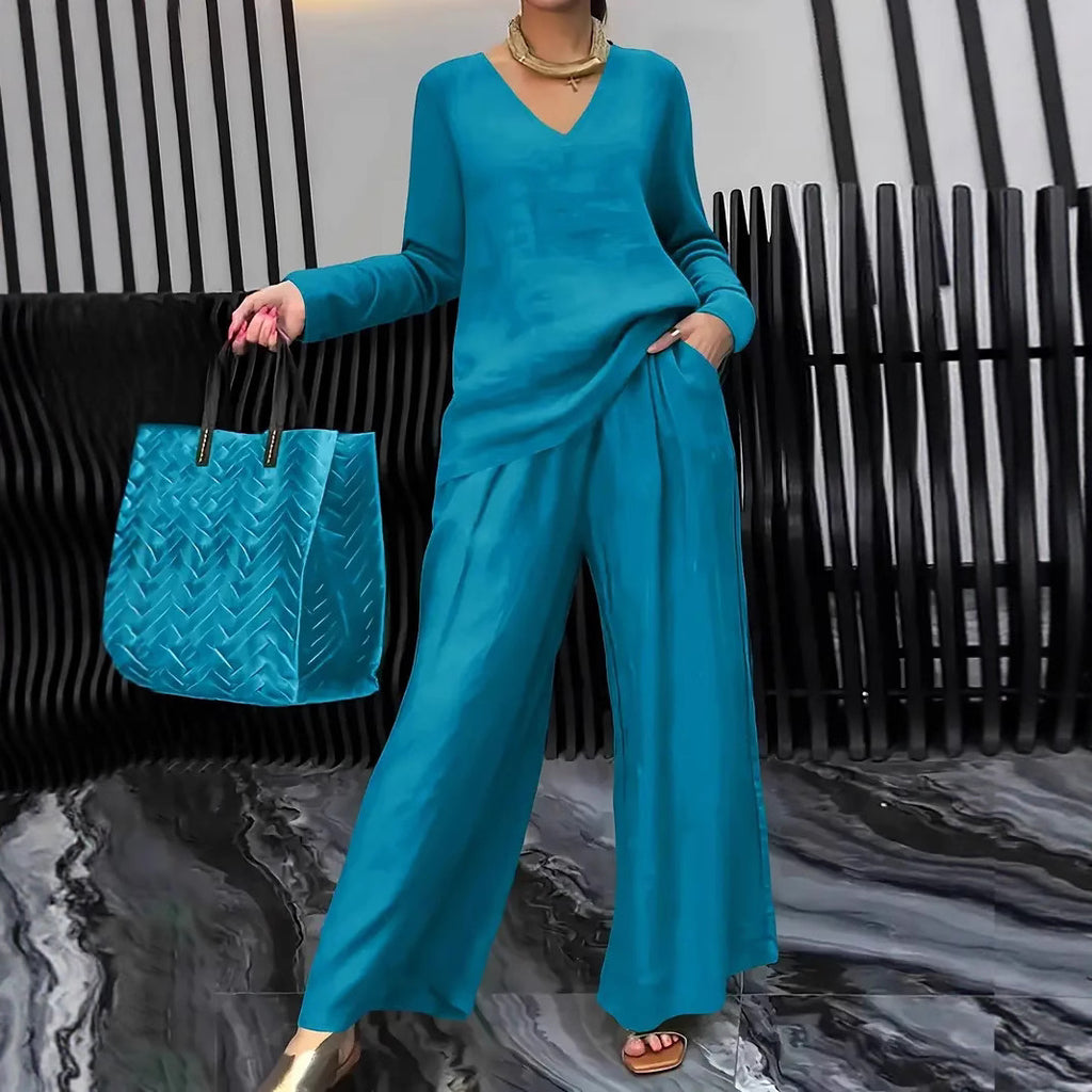 Womens Solid Color Casual Travel Set With Long Sleeves