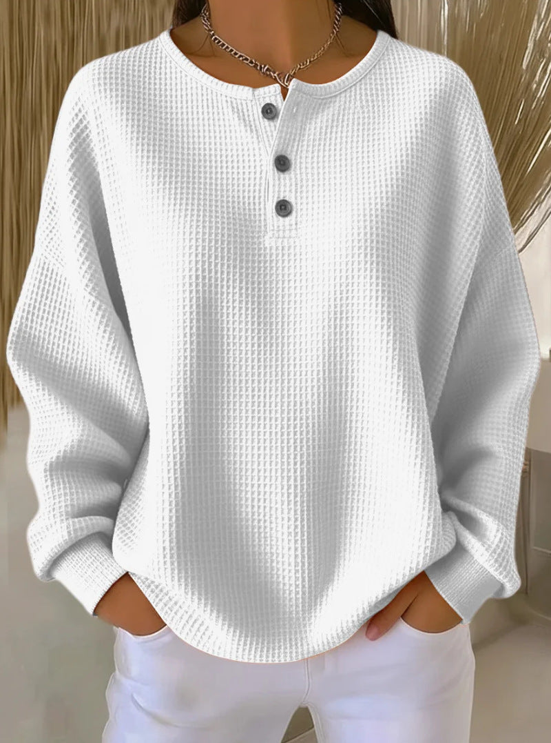 Round Neck Waffle Solid Color Pullover Loose Top