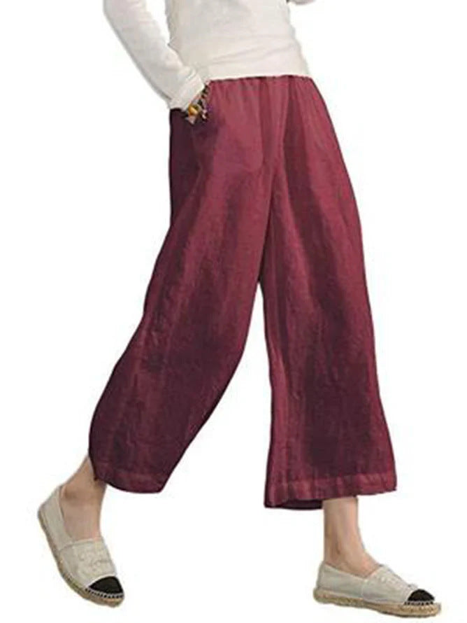 Solid-color Cotton-linen Relaxed-fit Casual Cropped Wide-leg Pants