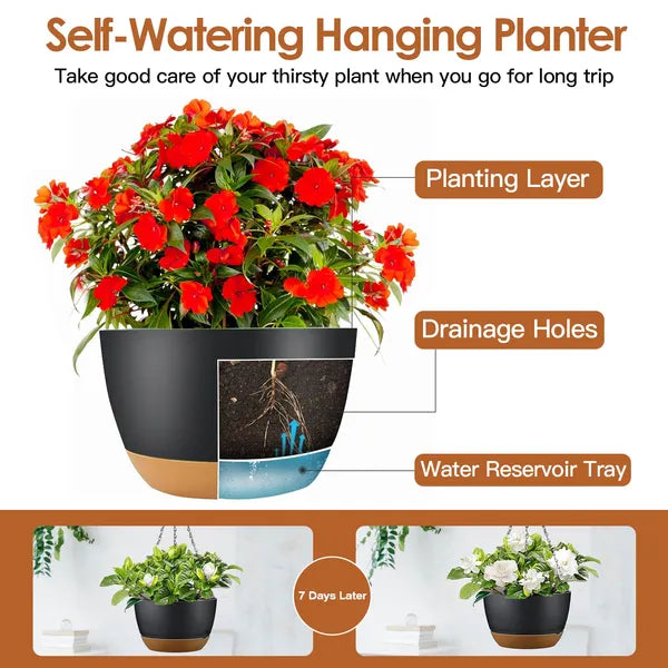4Pcs Hanging Planter With 9.64In Diameter Drainage Holes Removable Self-Watering Tray Plastic Hanging Flower Plant Pots For Indoor Outdoor Herb Ivy Fern