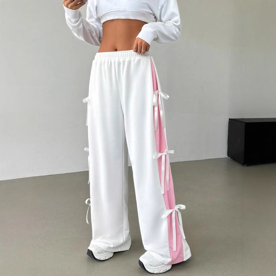 Women's Elastic-Waist Contrasting-Color Straight-Cut Casual Sports Pants
