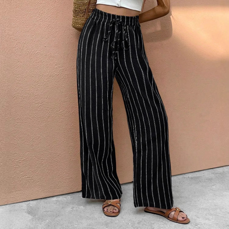 Elegant Relaxed-fit Casual Striped Wide-leg Pants With A Faux Drawstring