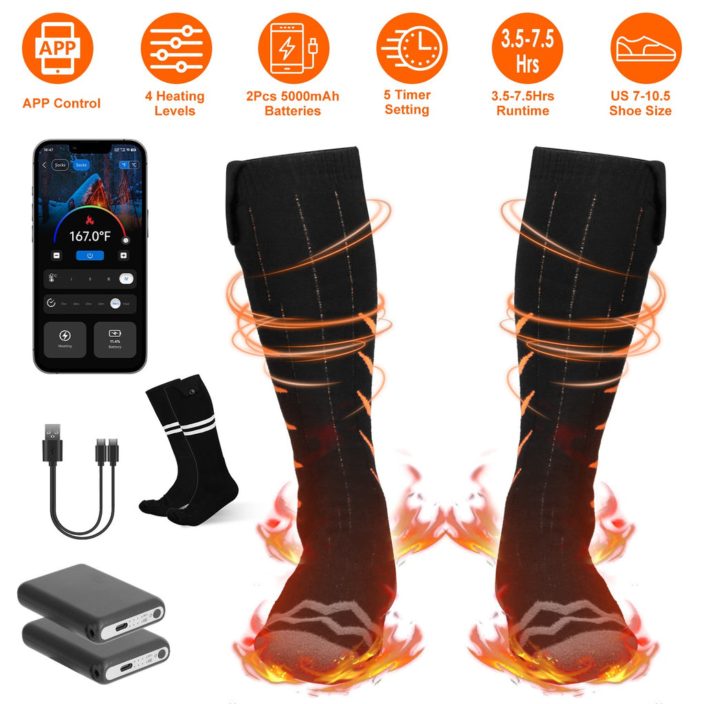 2 Types Options -- 1 Pair Of Heated Socks For Men Women Electric Heating Socks With APP Control 5000mAh Battery Rechargeable Thermal Socks Winter Warm Socks For Skiing Hiking Camping Hunting