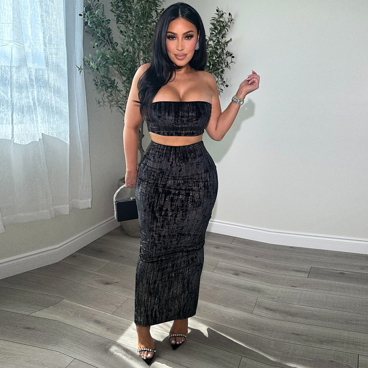 Womens Midriff-baring Tube Top And Skirt Set