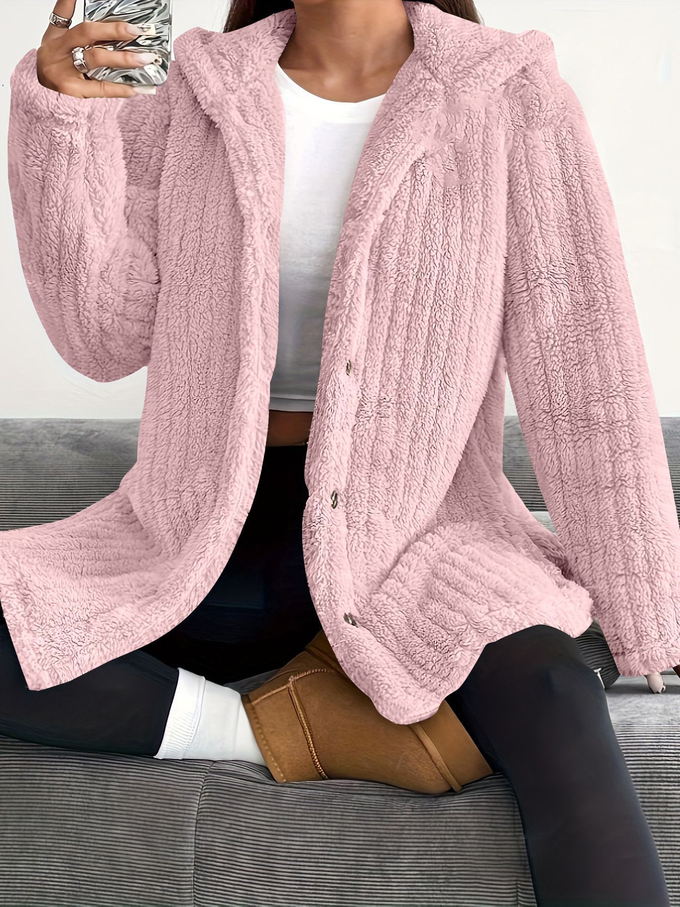 Hooded Loose Plush Coat Women's Regular Sleeve