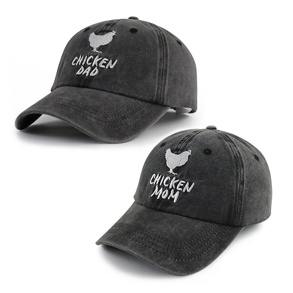 Set Of 2 Pcs Chicken Dad And Chicken Mom Hat, Funny Adjustable Washed Cotton Embroidered Farm Baseball Cap