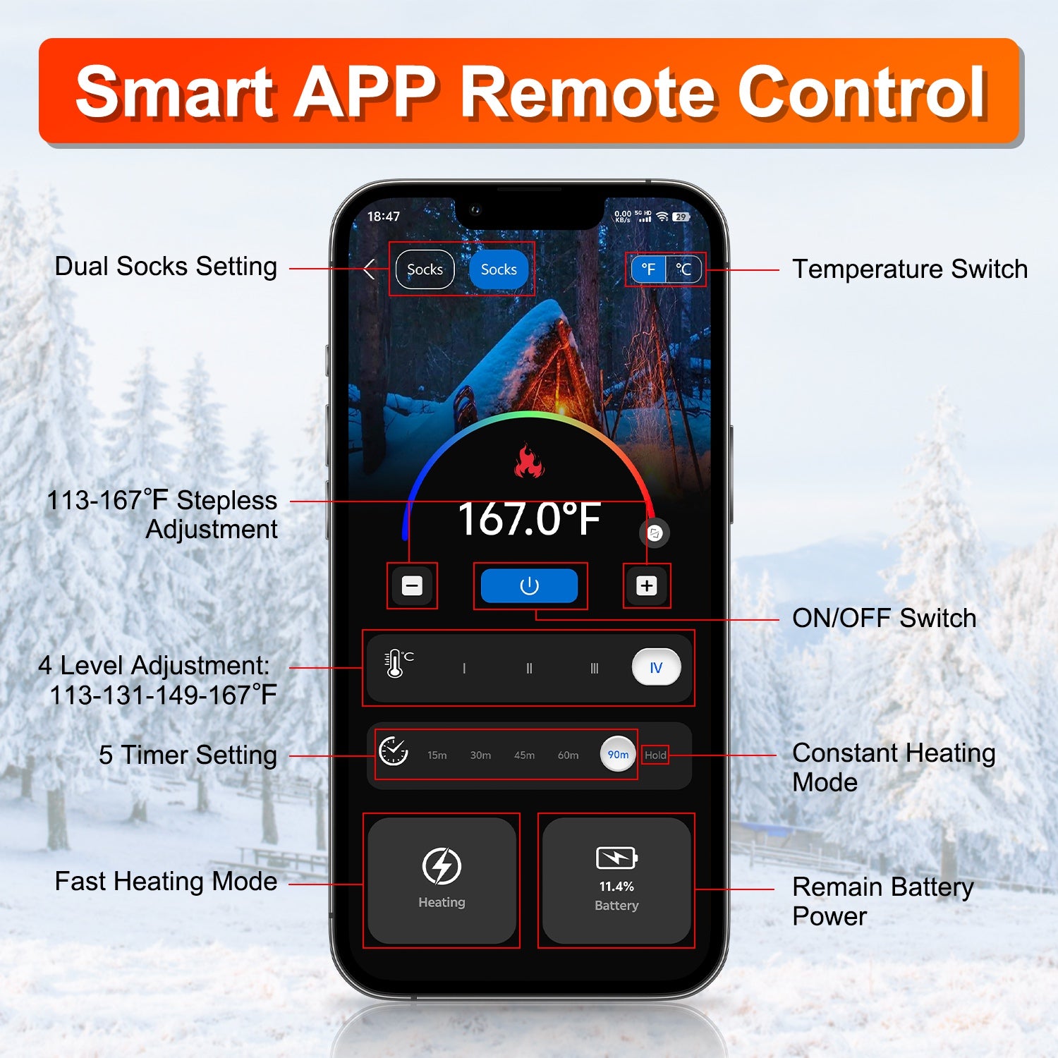 2 Types Options -- 1 Pair Of Heated Socks For Men Women Electric Heating Socks With APP Control 5000mAh Battery Rechargeable Thermal Socks Winter Warm Socks For Skiing Hiking Camping Hunting