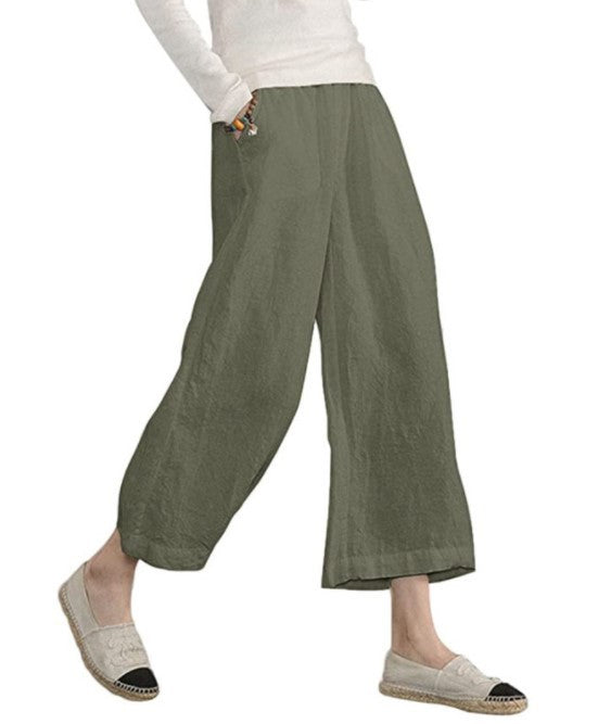 Solid-color Cotton-linen Relaxed-fit Casual Cropped Wide-leg Pants