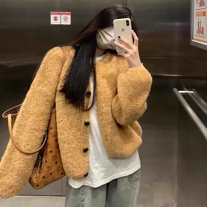 Soft Glutinous Idle Style Yellow Knitted Cardigan Sweater