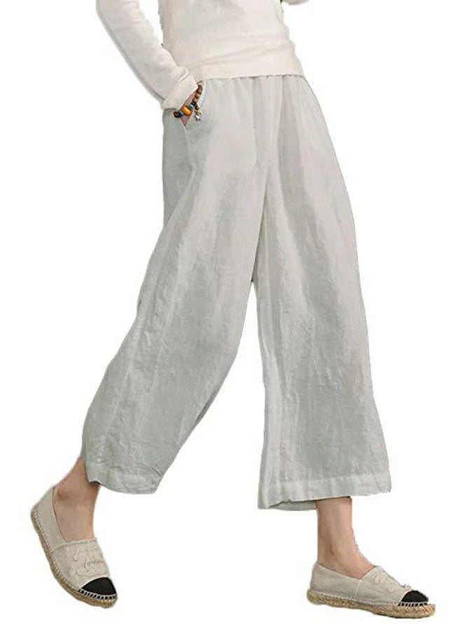 Solid-color Cotton-linen Relaxed-fit Casual Cropped Wide-leg Pants