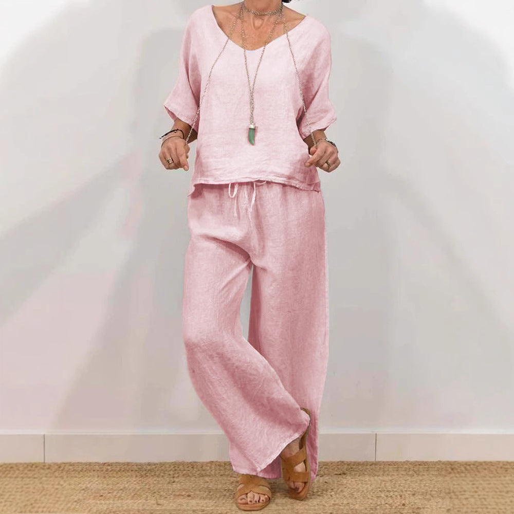 Womens Multi-Color Two-Piece Set Casual V-Neck Pullover With Three-Quarter Sleeves And Extended Pants