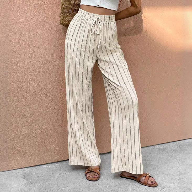 Elegant Relaxed-fit Casual Striped Wide-leg Pants With A Faux Drawstring