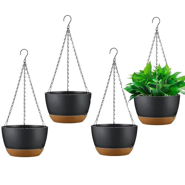 4Pcs Hanging Planter With 9.64In Diameter Drainage Holes Removable Self-Watering Tray Plastic Hanging Flower Plant Pots For Indoor Outdoor Herb Ivy Fern