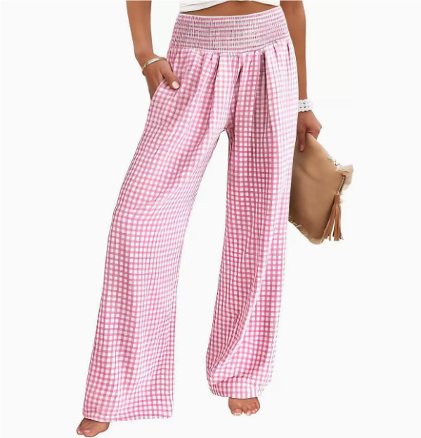 Plaid Casual Trousers Loose-fit Womens Fashion Wide-leg Pants With Pockets