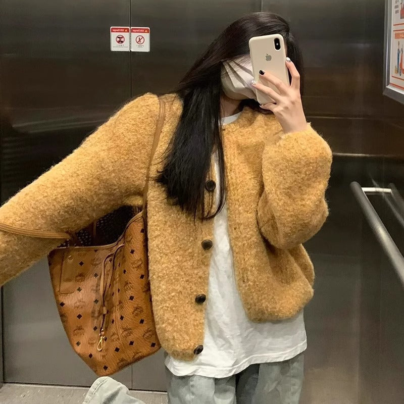 Soft Glutinous Idle Style Yellow Knitted Cardigan Sweater