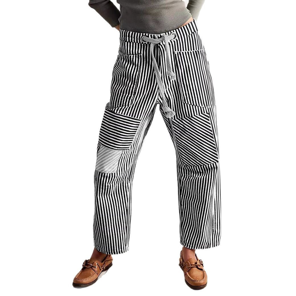 Fashion Commuter Casual Loose Wide Leg Striped Stitching Drawstring Pocket Trousers