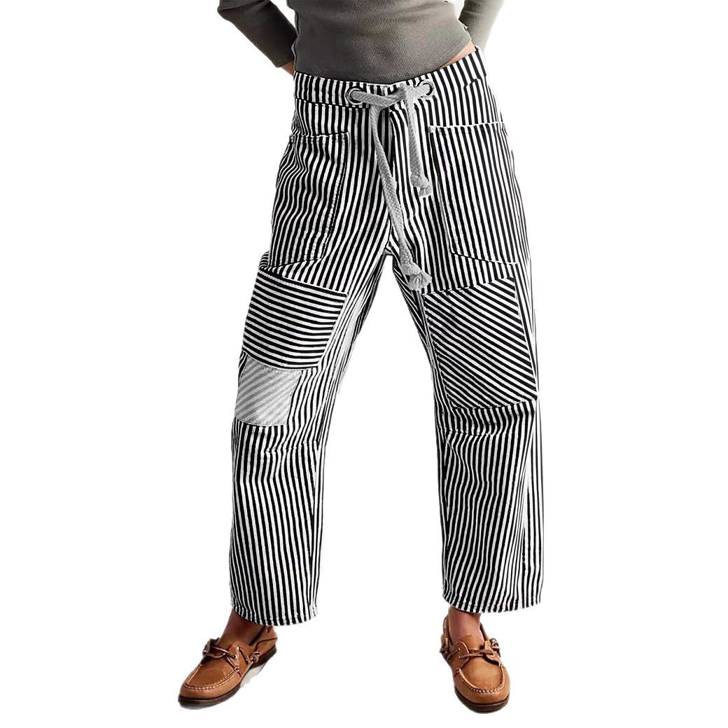 Fashion Commuter Casual Loose Wide Leg Striped Stitching Drawstring Pocket Trousers