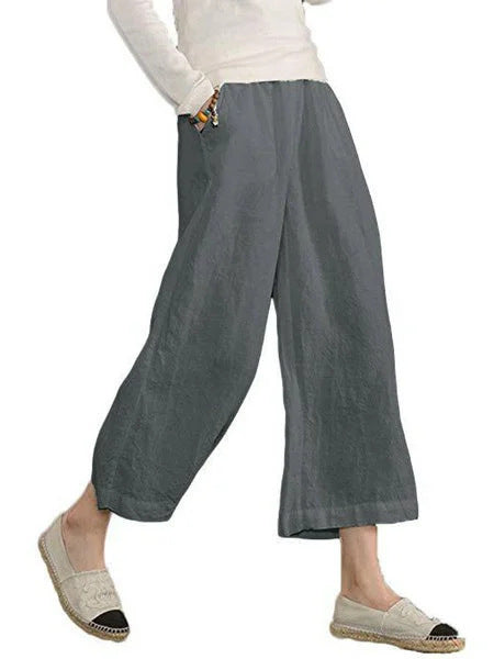 Solid-color Cotton-linen Relaxed-fit Casual Cropped Wide-leg Pants