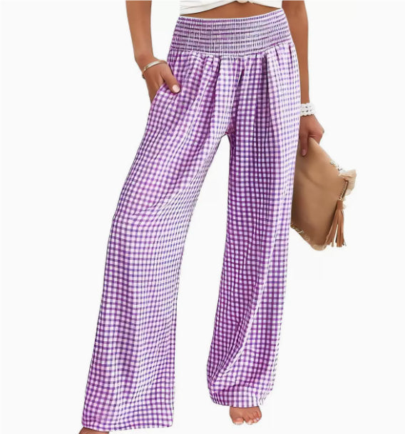 Plaid Casual Trousers Loose-fit Womens Fashion Wide-leg Pants With Pockets