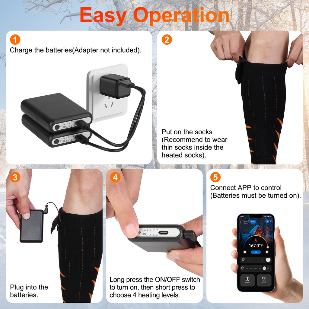 2 Types Options -- 1 Pair Of Heated Socks For Men Women Electric Heating Socks With APP Control 5000mAh Battery Rechargeable Thermal Socks Winter Warm Socks For Skiing Hiking Camping Hunting
