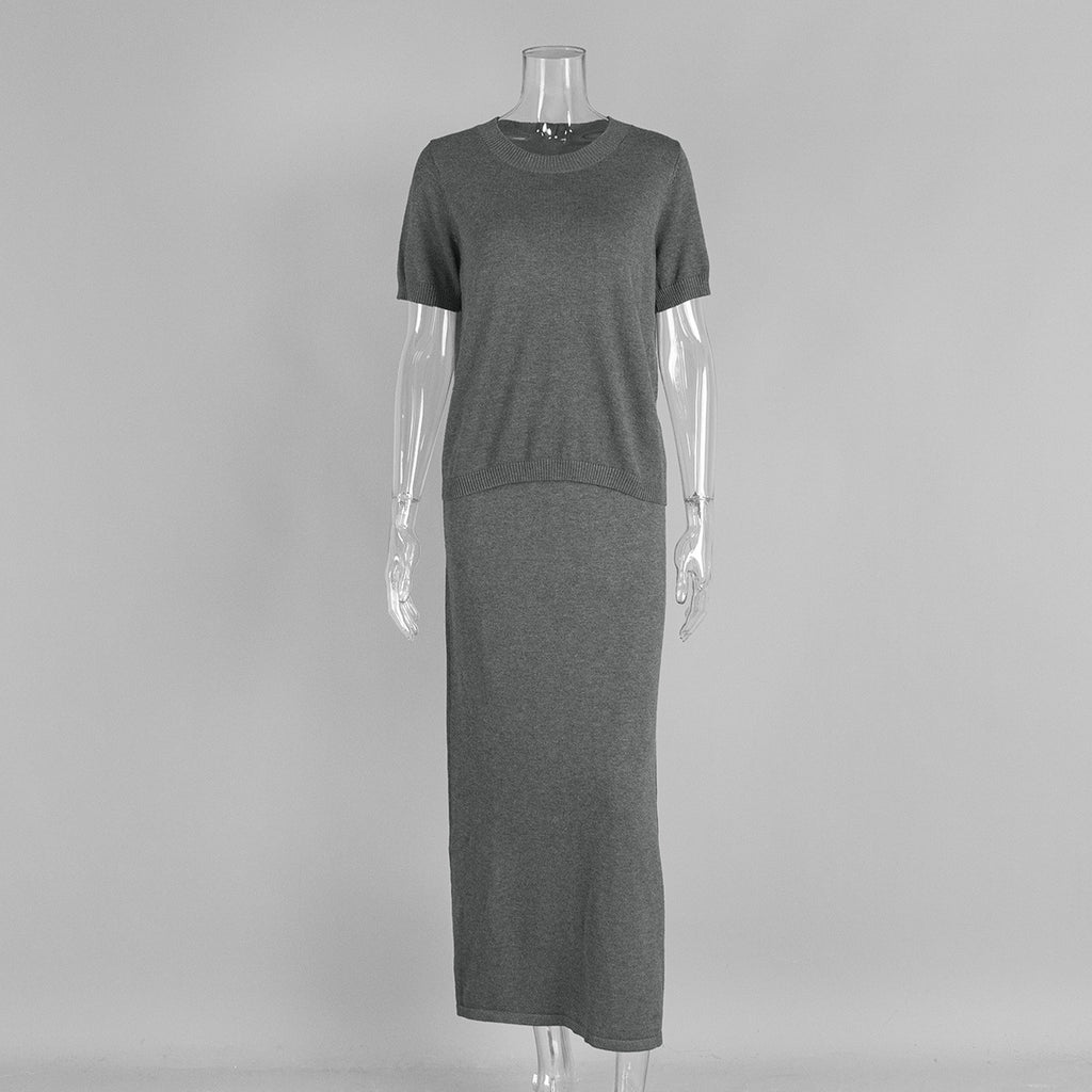 Minimalist Designed Knit Womens Short Sleeve Skirt Set