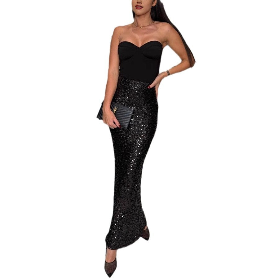 Fashion Elastic High Waist Sequined Midi Skirt