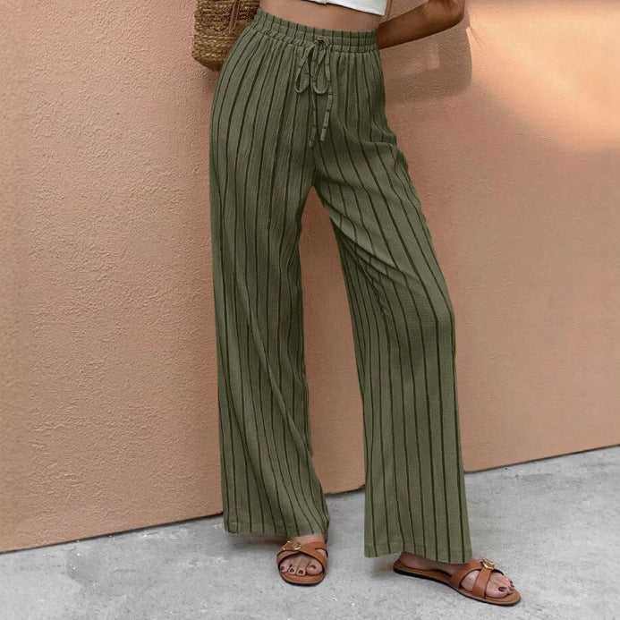 Elegant Relaxed-fit Casual Striped Wide-leg Pants With A Faux Drawstring