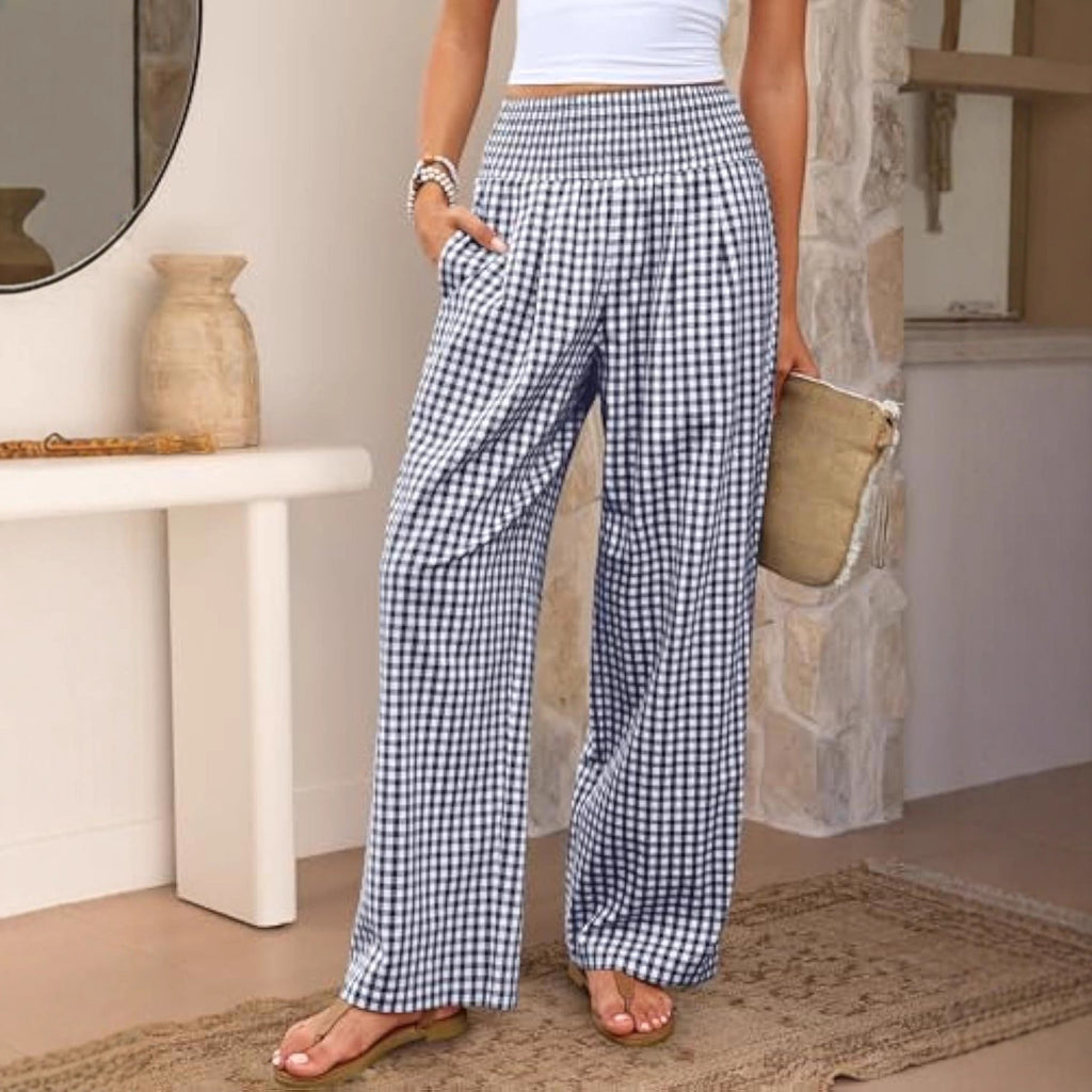 Plaid Casual Trousers Loose-fit Womens Fashion Wide-leg Pants With Pockets