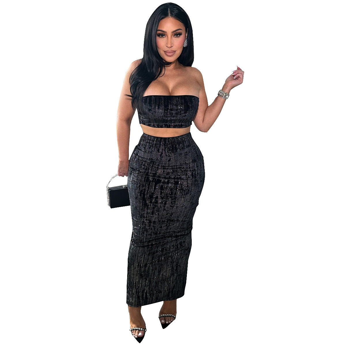 Womens Midriff-baring Tube Top And Skirt Set