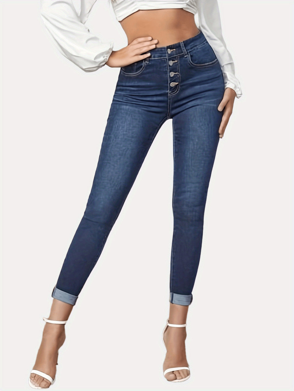 Contrast Color Slim Fit Stretch Rolled Hem Cropped Jeans