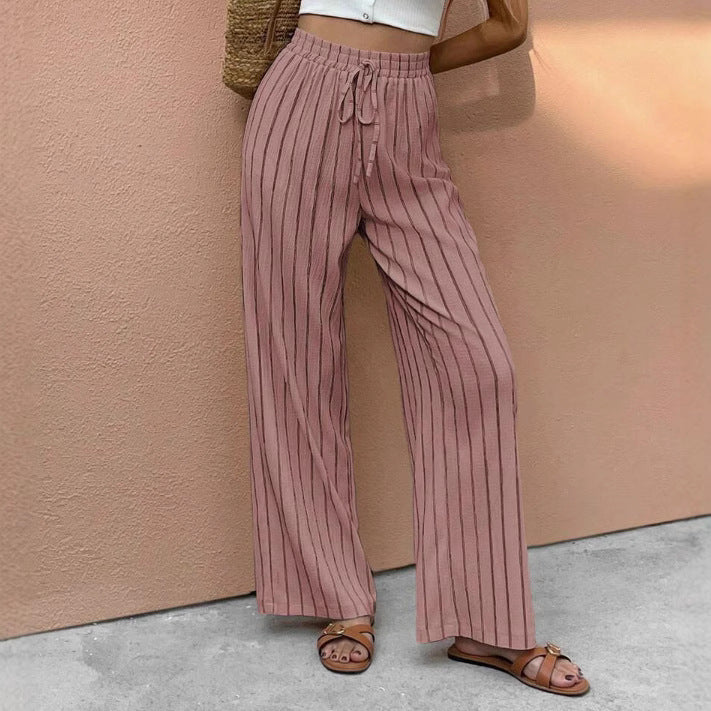 Elegant Relaxed-fit Casual Striped Wide-leg Pants With A Faux Drawstring