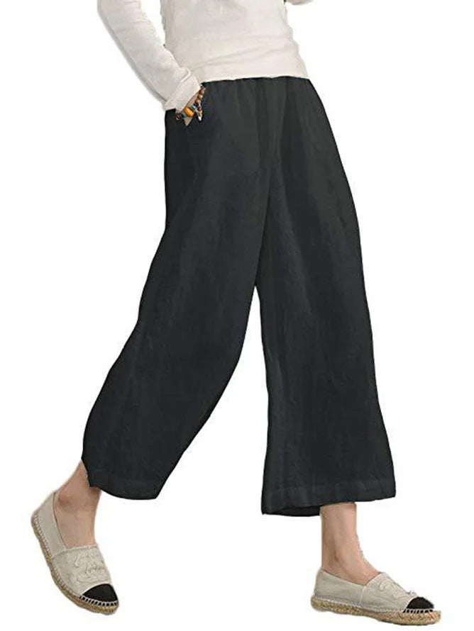 Solid-color Cotton-linen Relaxed-fit Casual Cropped Wide-leg Pants