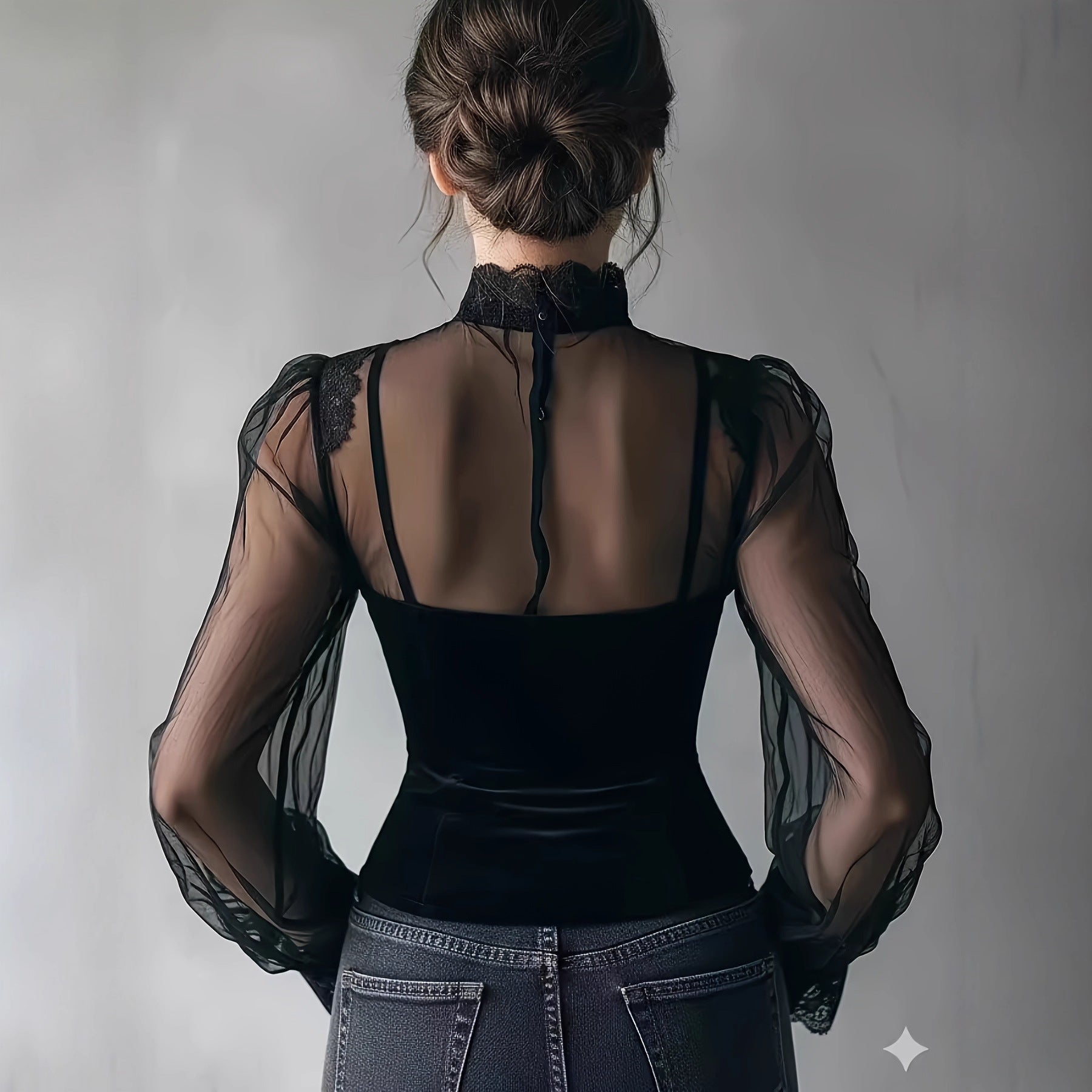 New Black Velvet Top With Sheer Sleeves
