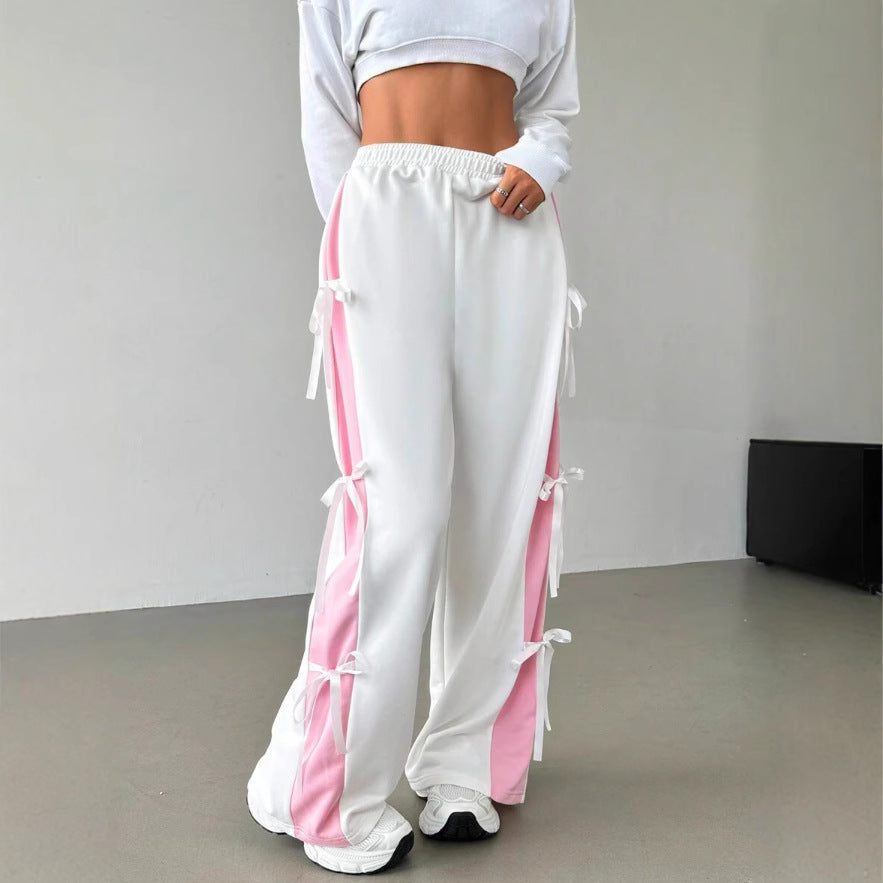Women's Elastic-Waist Contrasting-Color Straight-Cut Casual Sports Pants