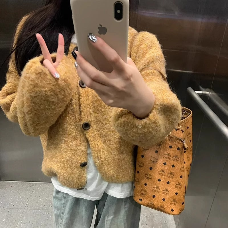 Soft Glutinous Idle Style Yellow Knitted Cardigan Sweater