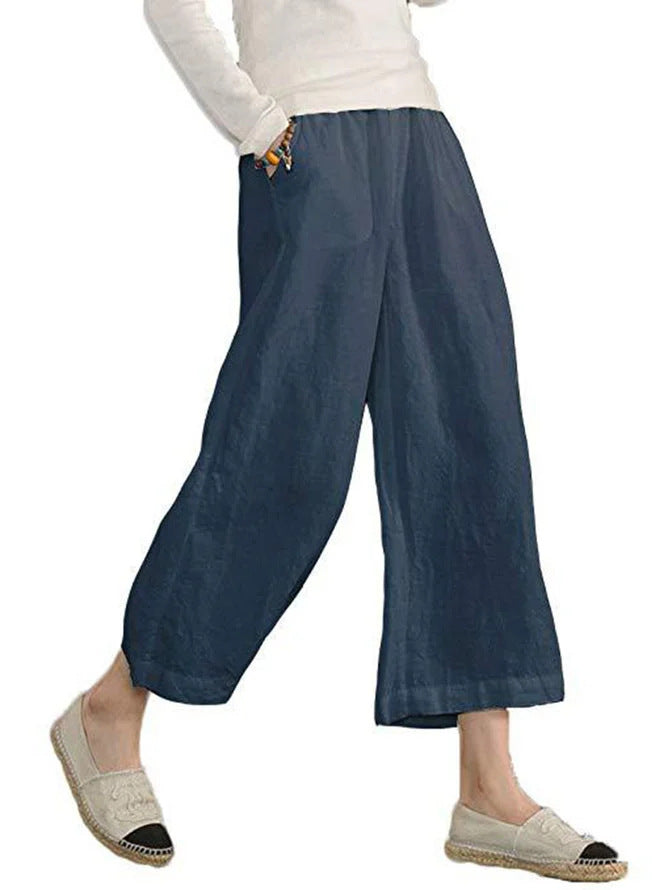 Solid-color Cotton-linen Relaxed-fit Casual Cropped Wide-leg Pants