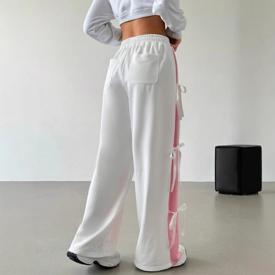 Women's Elastic-Waist Contrasting-Color Straight-Cut Casual Sports Pants