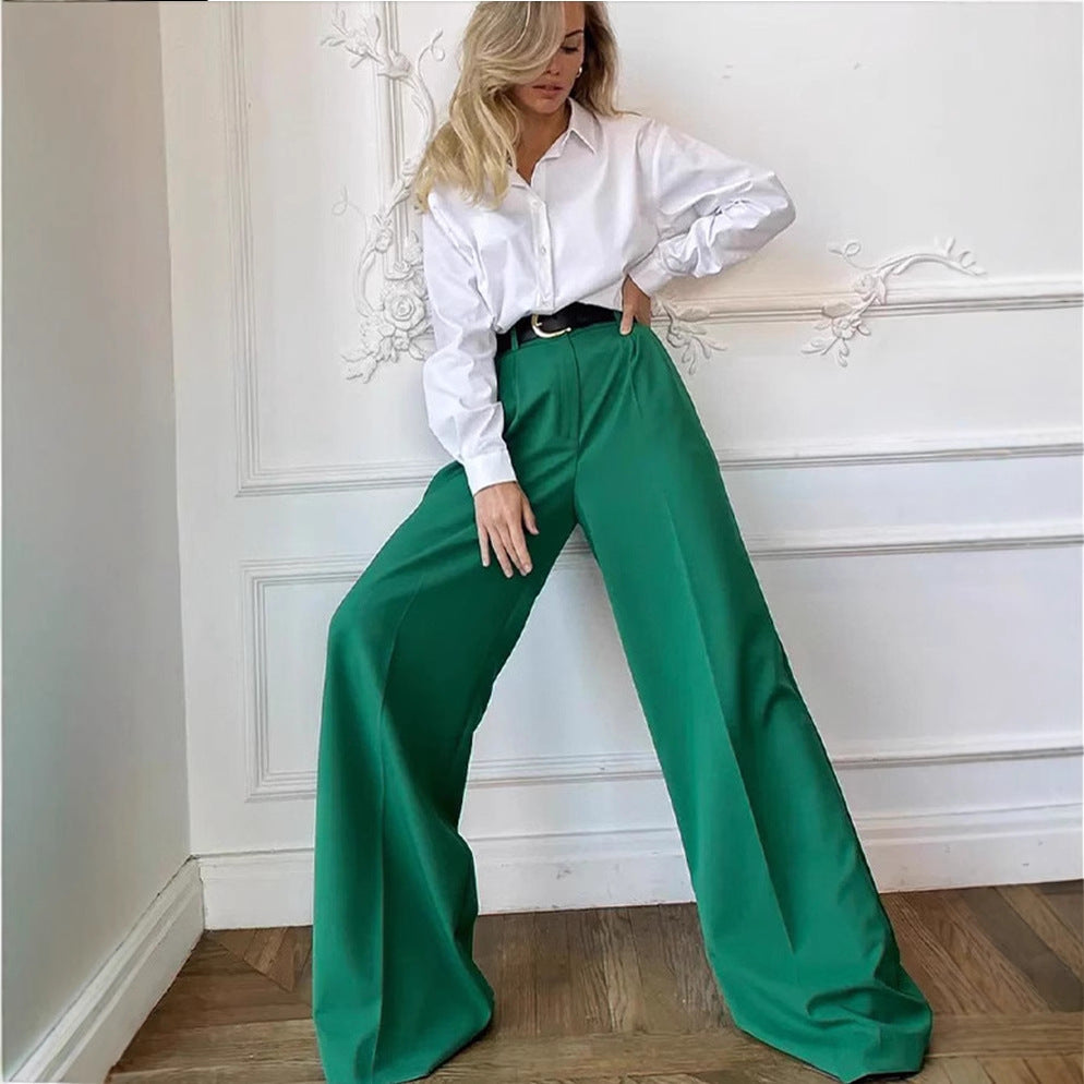 Womens Casual High-Waist Wide-Leg Suit Pants Solid Color Slimming And Stylish