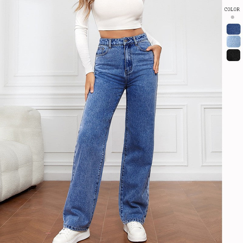 Washed Fashion Straight Jeans Women's Mid Waist