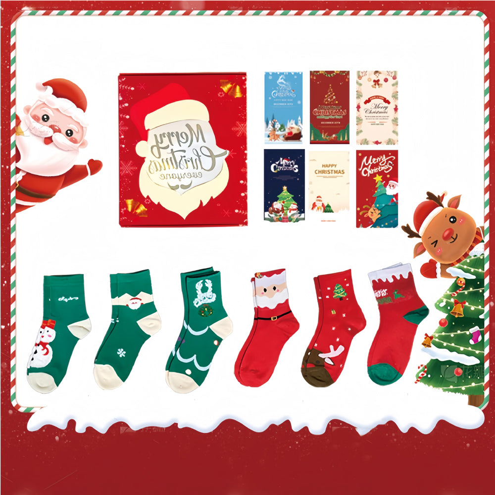 6 Pairs Christmas Stockings Gift Set - Soft Plush Xmas Stockings With 6 Greeting Cards & Festive Gift Box