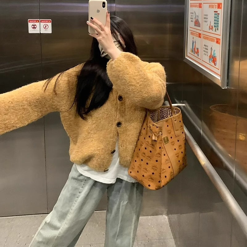 Soft Glutinous Idle Style Yellow Knitted Cardigan Sweater