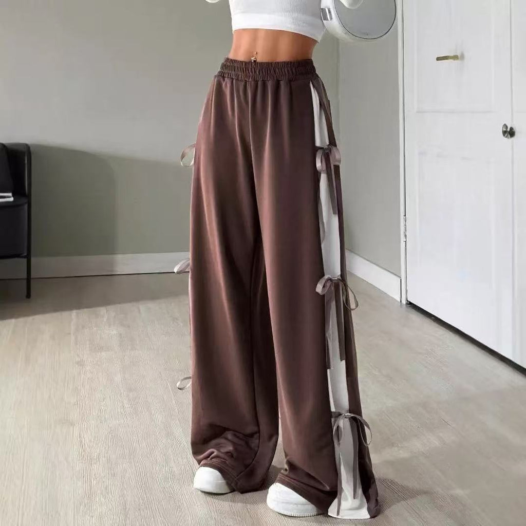 Women's Elastic-Waist Contrasting-Color Straight-Cut Casual Sports Pants