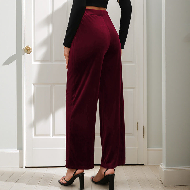 Casual Retro Style Solid Color Draping Effect Velvet Wide-leg Pants