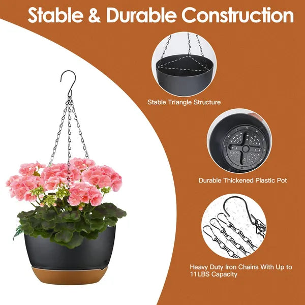 4Pcs Hanging Planter With 9.64In Diameter Drainage Holes Removable Self-Watering Tray Plastic Hanging Flower Plant Pots For Indoor Outdoor Herb Ivy Fern
