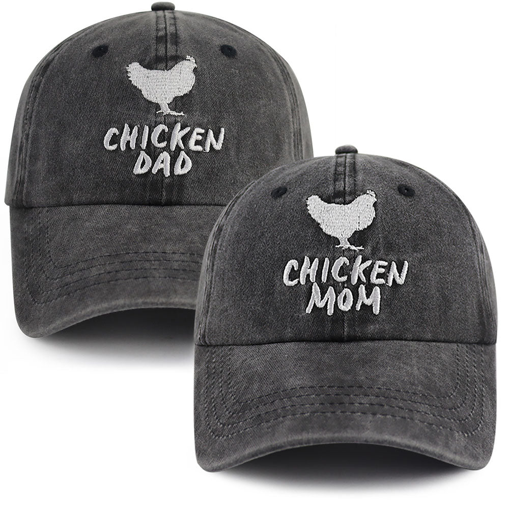 Set Of 2 Pcs Chicken Dad And Chicken Mom Hat, Funny Adjustable Washed Cotton Embroidered Farm Baseball Cap