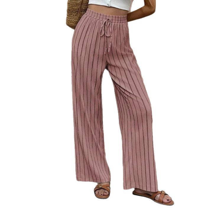 Elegant Relaxed-fit Casual Striped Wide-leg Pants With A Faux Drawstring