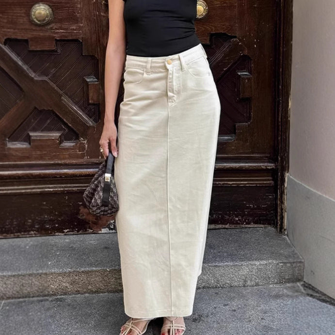 High Waist Slit Workwear Denim Skirt Women's Clothing