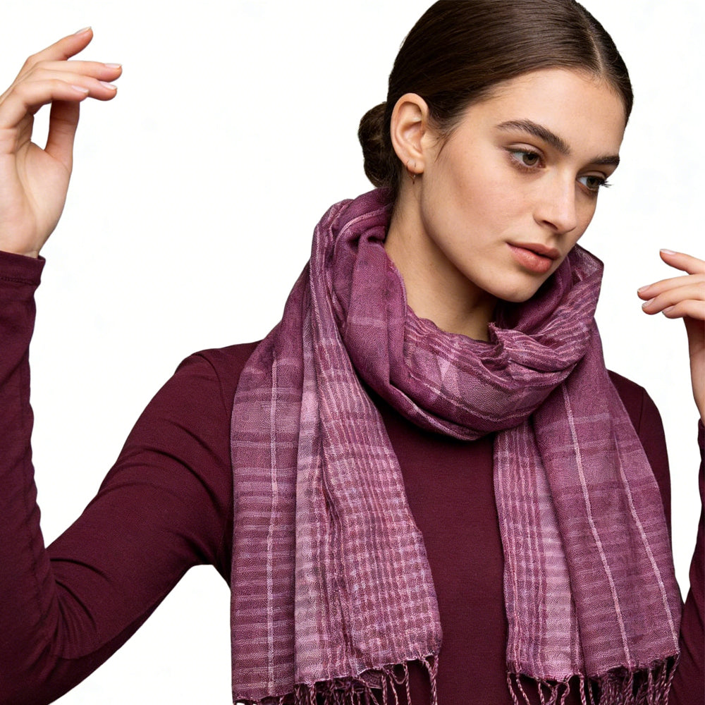 2pcs Bright Color Block Fuchsia Yarn-Dyed Scarf,Luxe Look For Evening Wear,Scarf,vacation,daily Life,evening Party,Office Appropriate Subtlety For Women Men