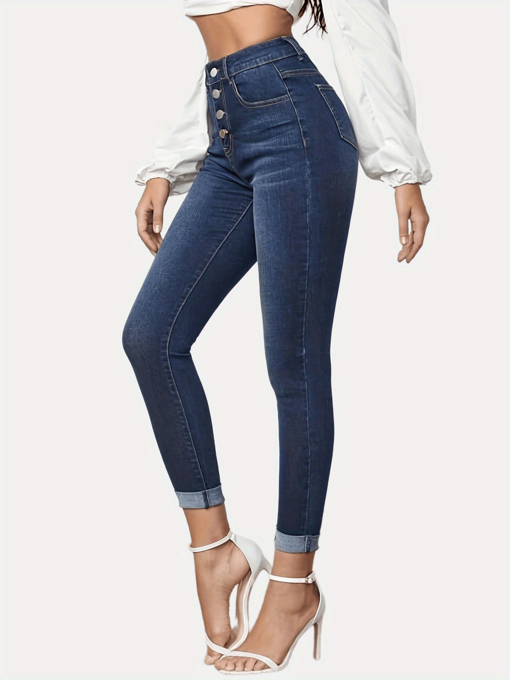 Contrast Color Slim Fit Stretch Rolled Hem Cropped Jeans