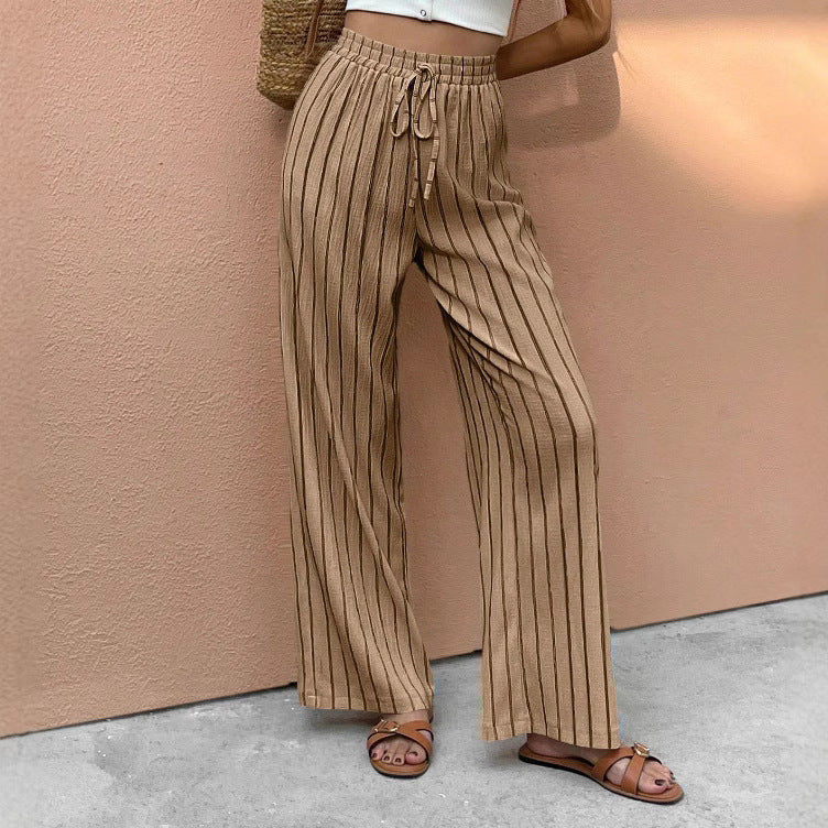 Elegant Relaxed-fit Casual Striped Wide-leg Pants With A Faux Drawstring